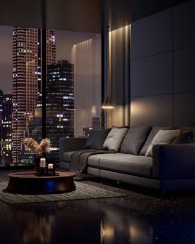 Night scene, Modern style luxury black living room with city view 3d render, There are black terrazzo floor decorated wall with hidden light, furnished with black fabric sofa